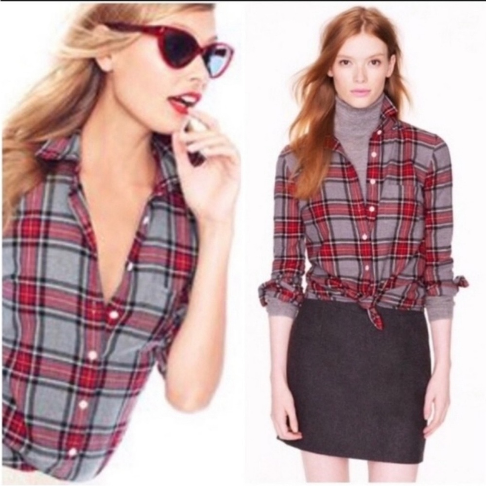 J.Crew Boy Women Size 2 Red Gray Button Front Plaid Flannel Shirt